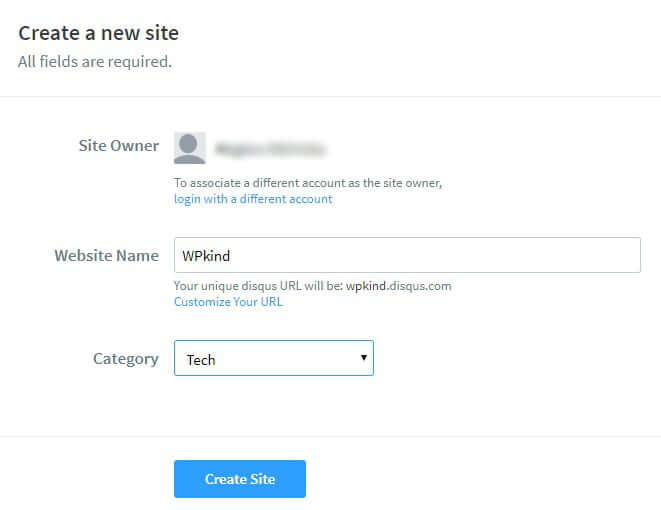 Disqus create a new site