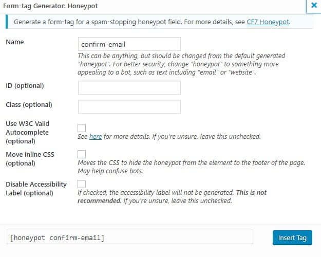 Contact form 7 honeypot plugin settings