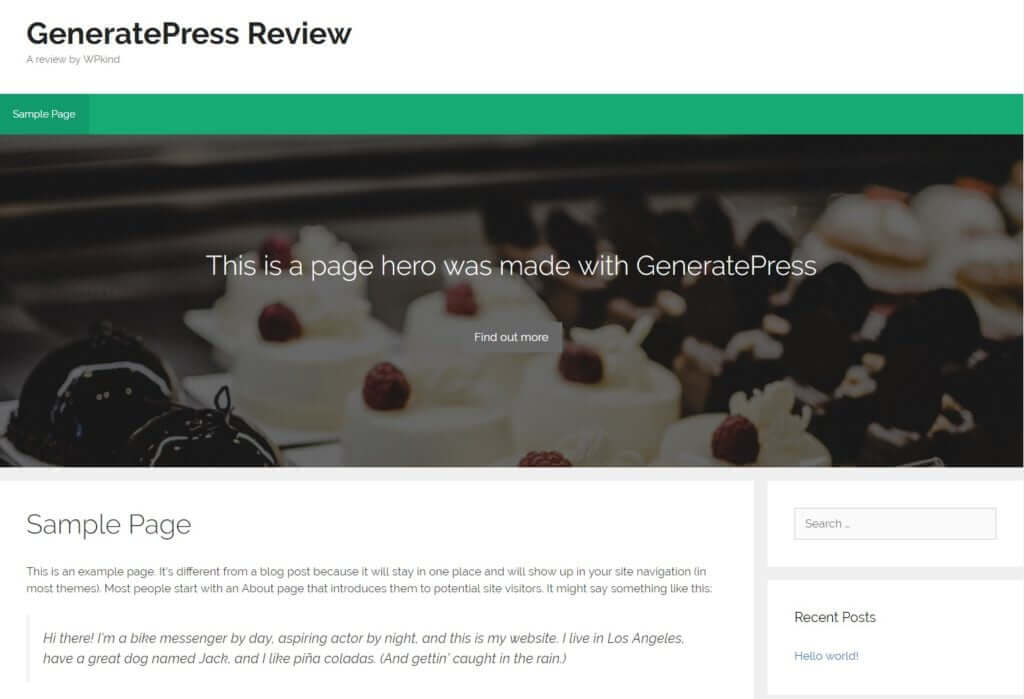 GeneratePress hero with call to action