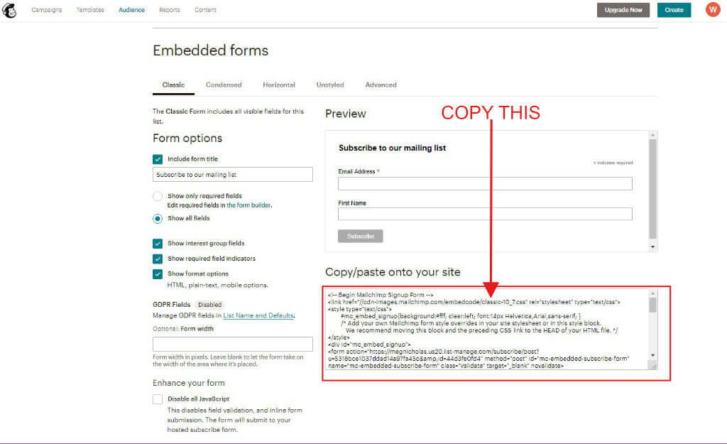 MailChimp embedded forms screen