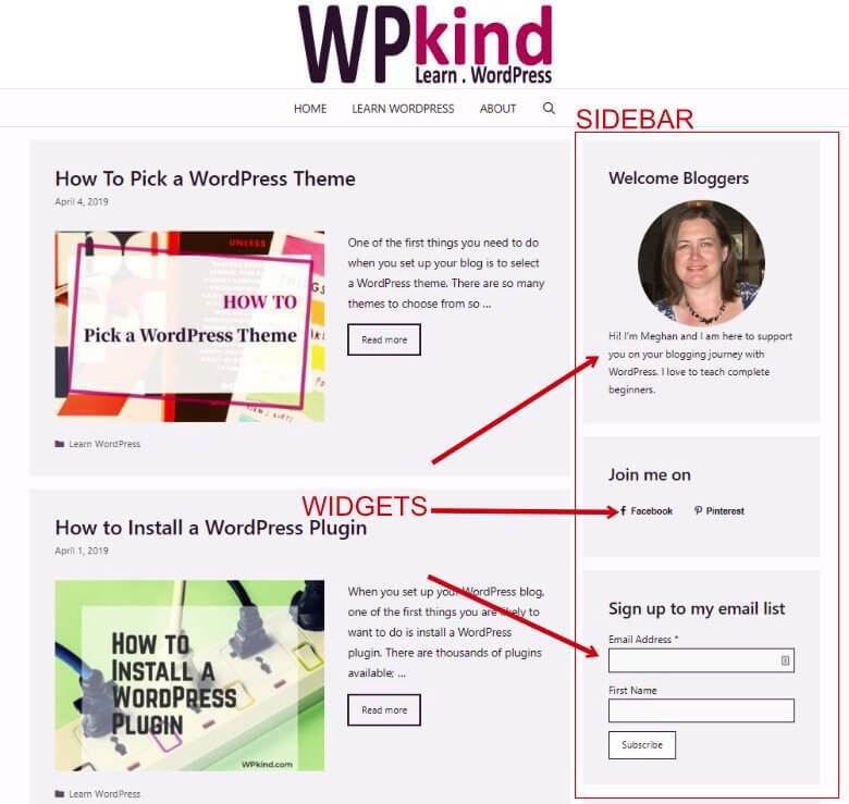 WPkind sidebar showing WordPress Widgets