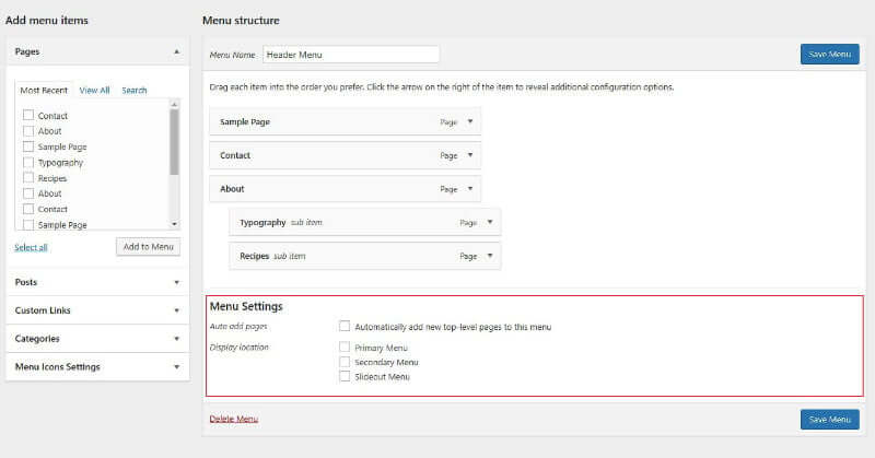 WordPress menu settings