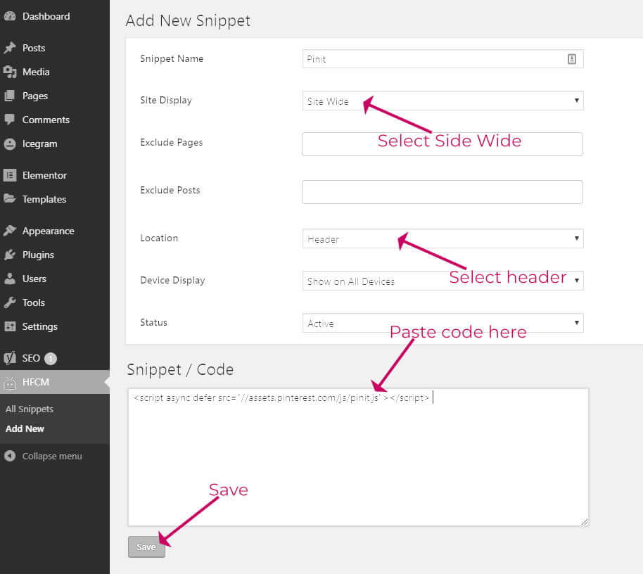 Add new header footer code snippet screen