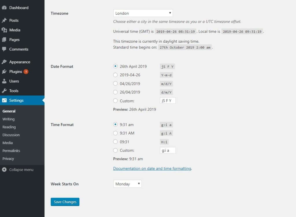 How to change the time zone, date and time format and language in WordPress