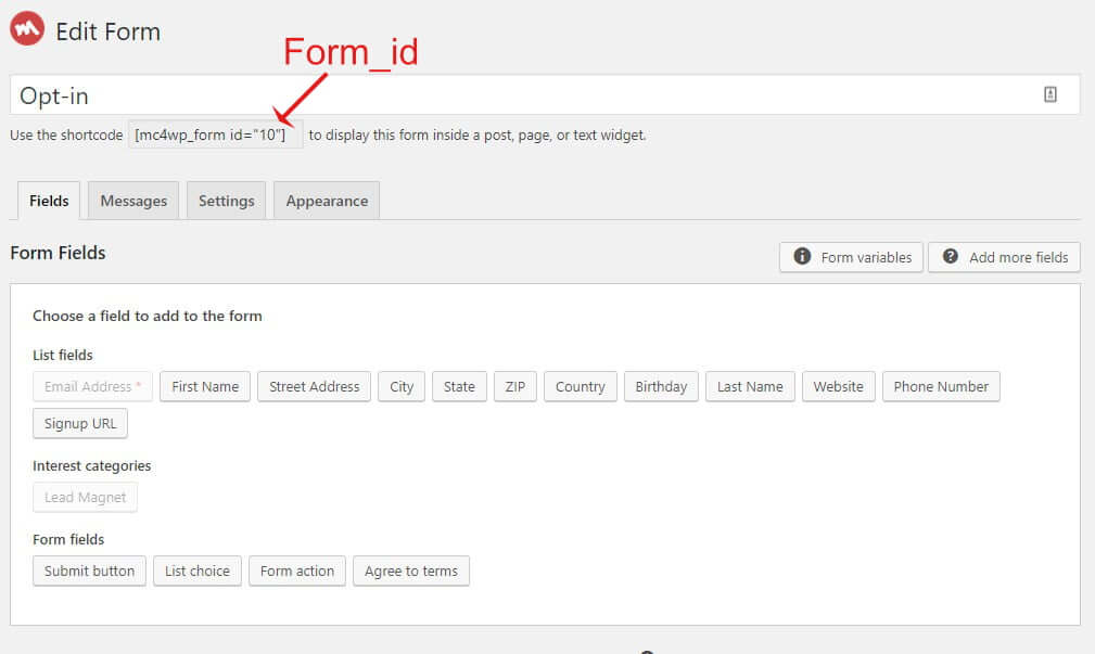MailChimp settings screen showing form_id