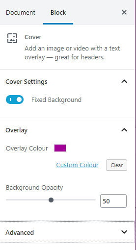 Cover block settings