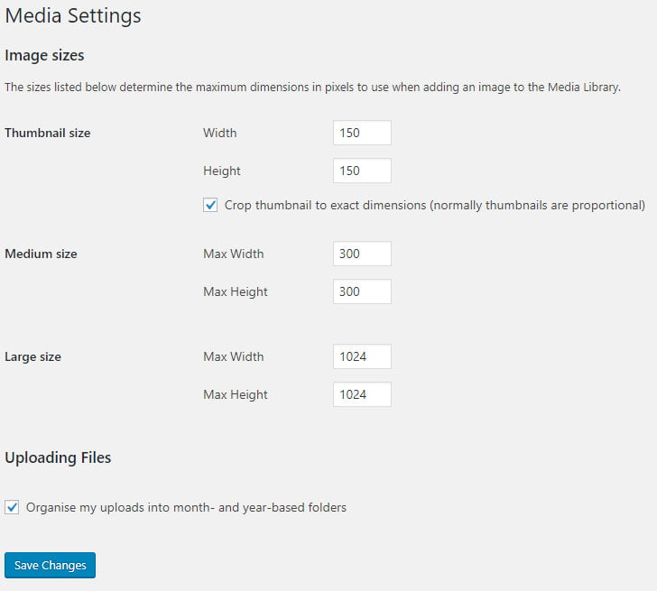 WordPress media settings