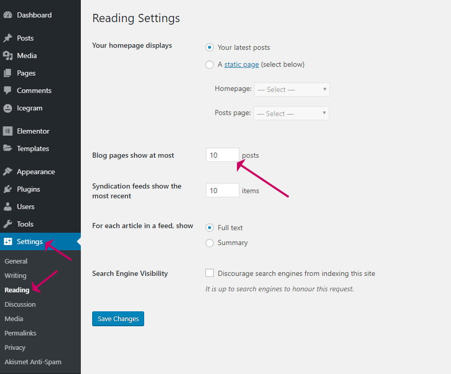 WordPress reading settings - max posts per page