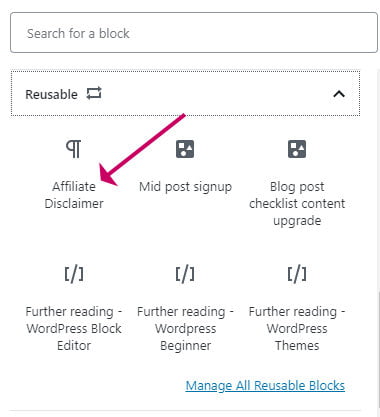 WordPress reusable blocks tab expanded