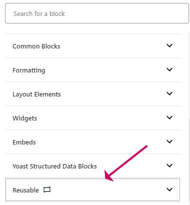 WordPress reusable blocks tab