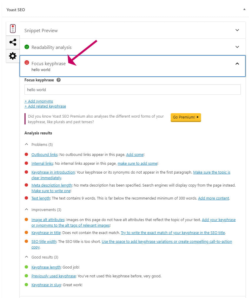 Yoast plugin focus keyphrase panel