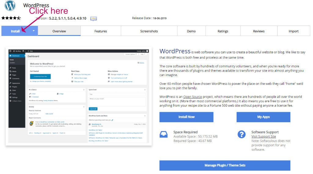 Softaculous install WordPress tab