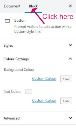 WordPress Button block settings