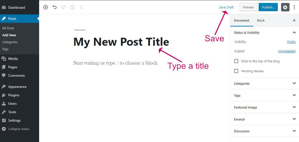 WordPress block editor add new post