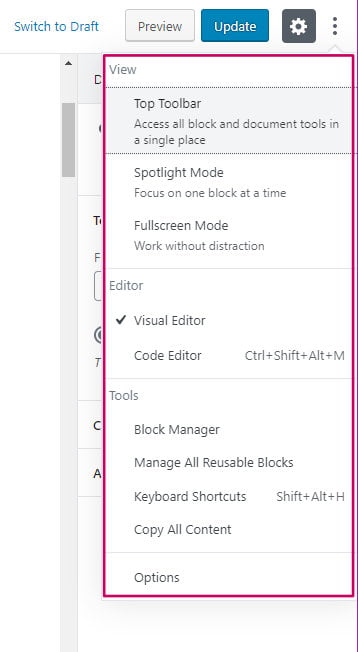 WordPress block editor options