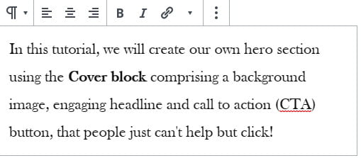 WordPress paragraph block with toolbar