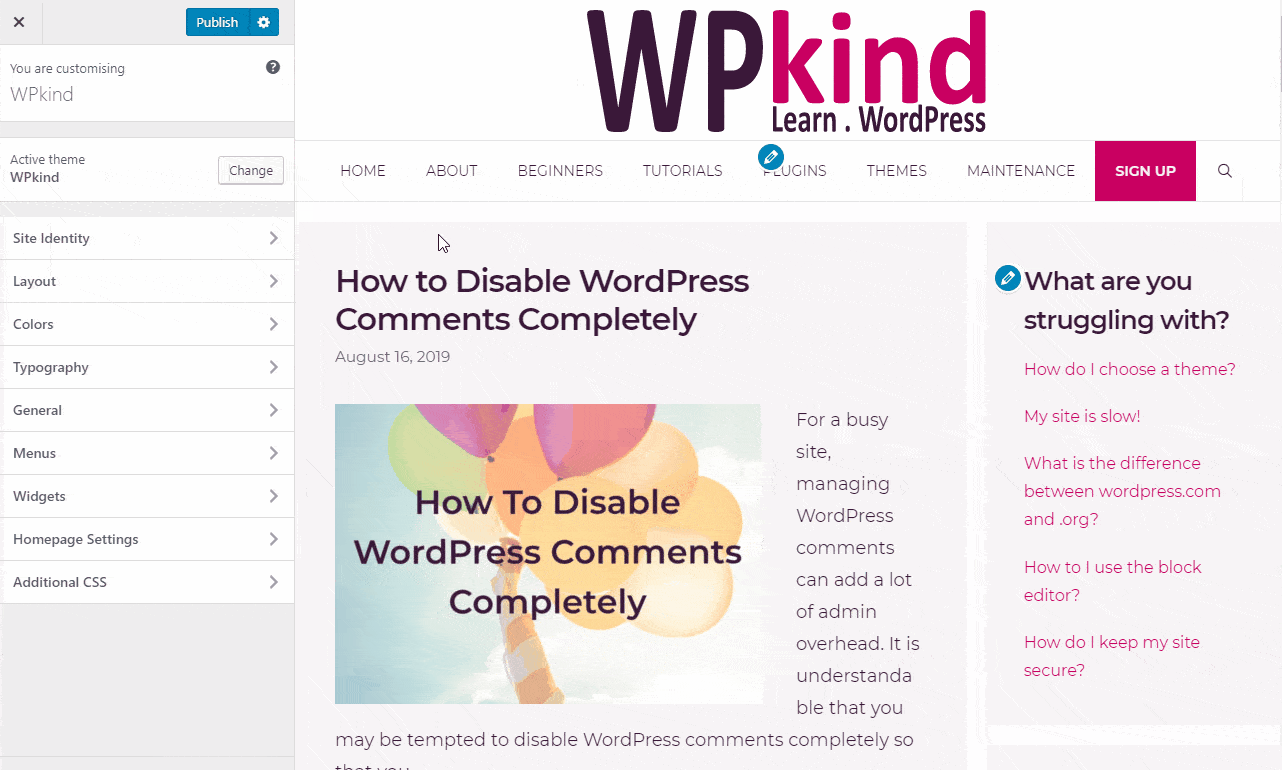 Change the theme directly in WordPress customiser