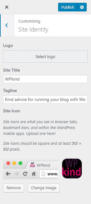 Site identity in WordPress customiser