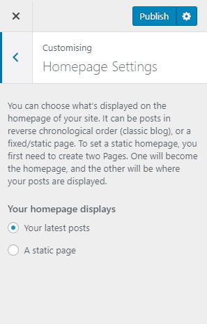 WordPress customiser homepage settings