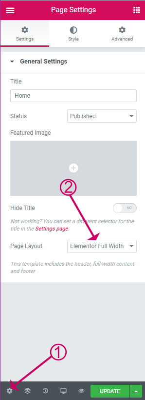 Elementor page layout setting