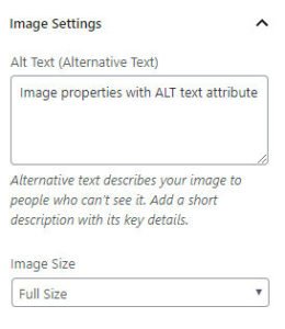 Image block properties with ALT text attribute