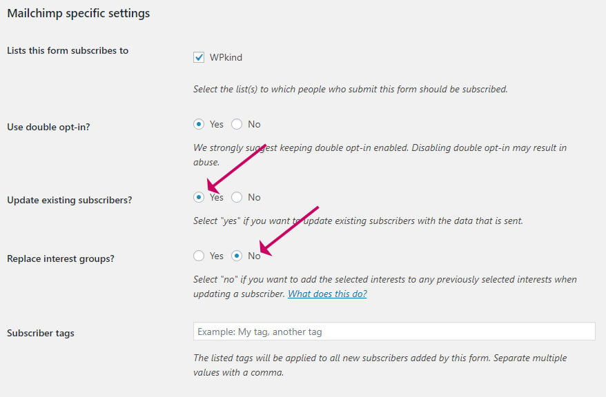 MailChimp for WordPress form settings