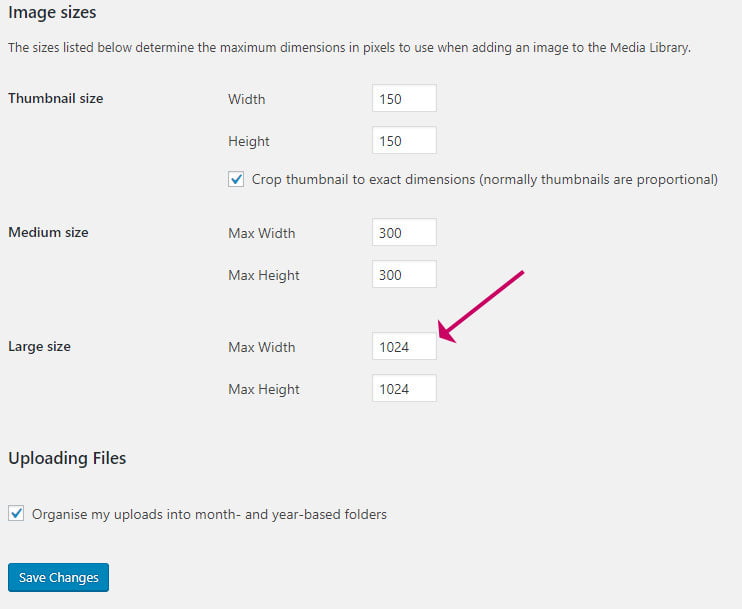 Media settings image sizes