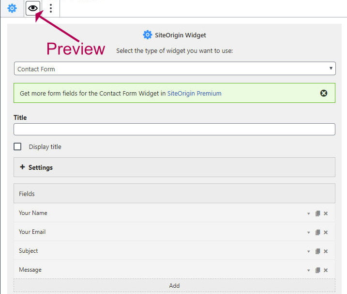 Site origin contact form preview button