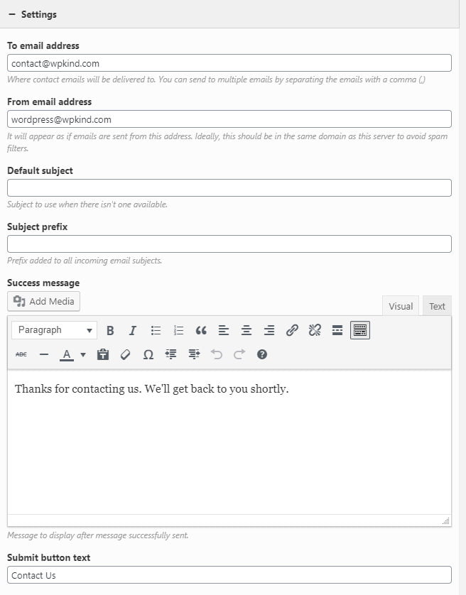 Site origin contact form widget settings