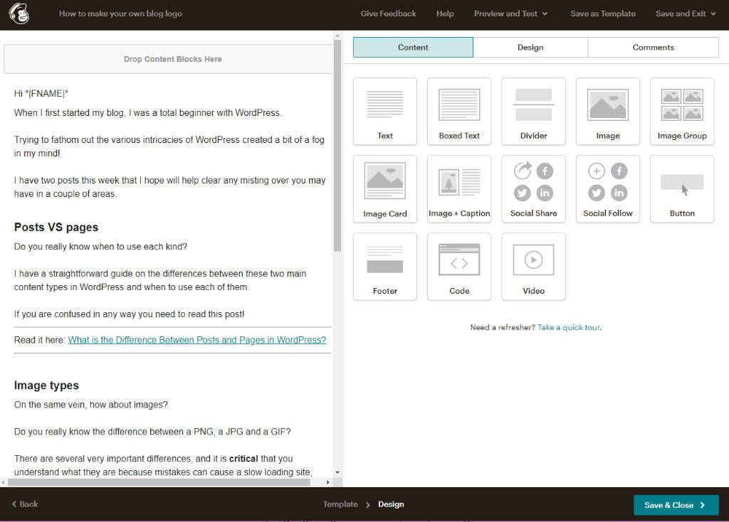 Start a mailing list with Mailchimp edit content