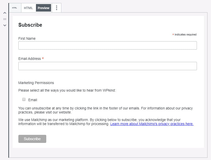 Start a mailing list with Mailchimp form preview