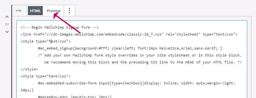 Start a mailing list with Mailchimp paste code into gutenberg block