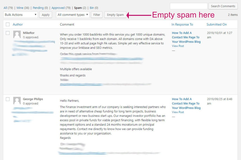 Empty wordpress spam