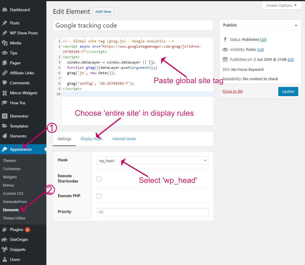 GeneratePress Element settings for Google Analytics tracking code