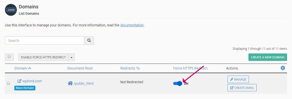 cPanel Domains redirect to https.
