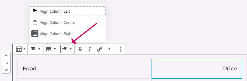 Align columns in WordPress table block