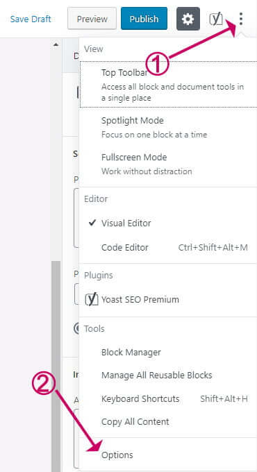 WordPress block editor options