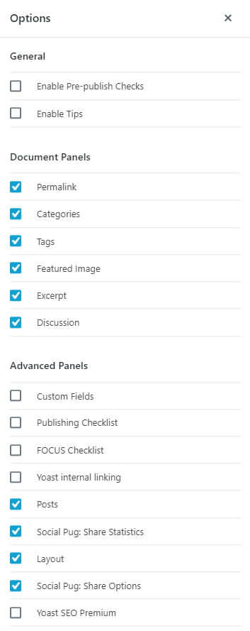 WordPress block editor options