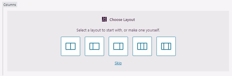 WordPress column block - choose layout