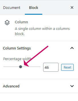 WordPress column block - setting the width