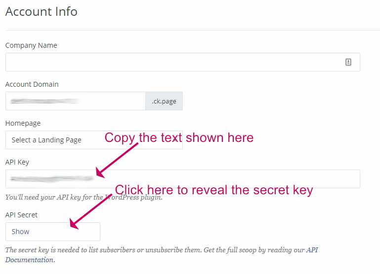 Copy the ConvertKit API code and secret key