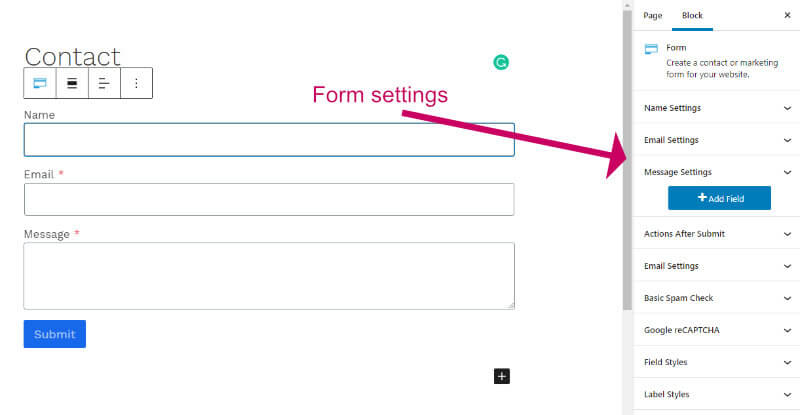 Block settings for kadence blocks contact form