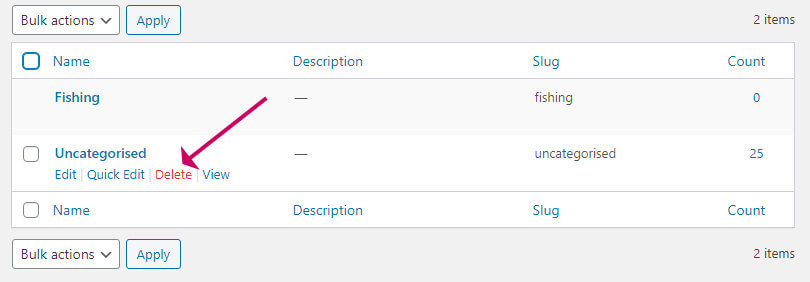 how to delete the uncategorised category in wordpress