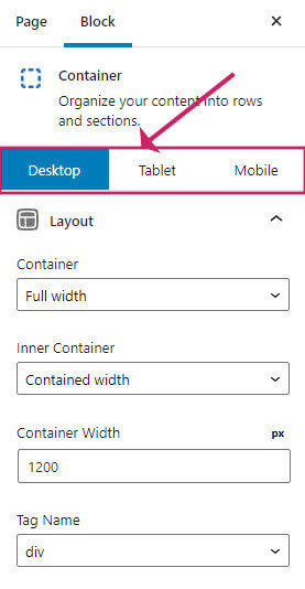 Generateblocks desktop table mobile settings