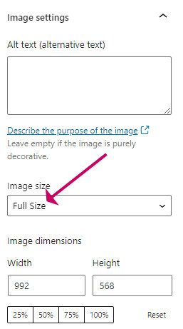 Full size image selection in wordpress