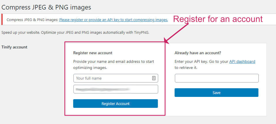 register for a tinypng account