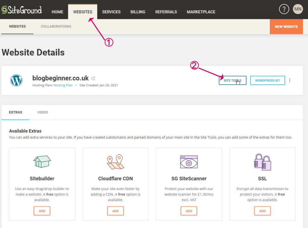 log back into siteground and click on websites then click site tools