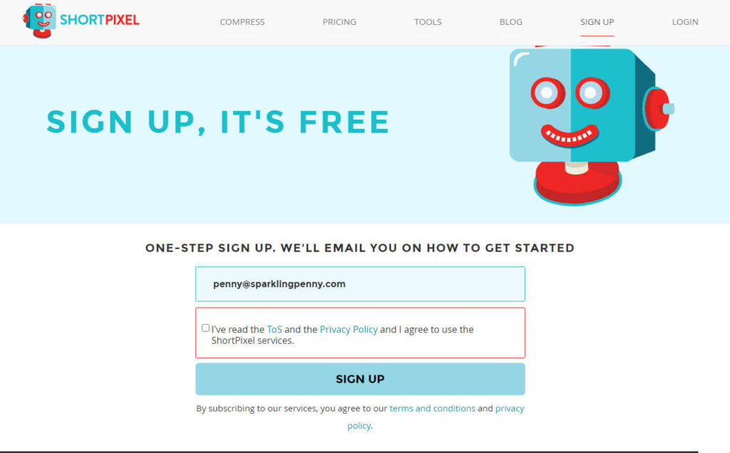 shortpixel sign up page