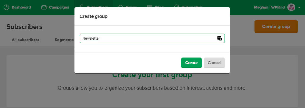 create a group in mailerlite dialog