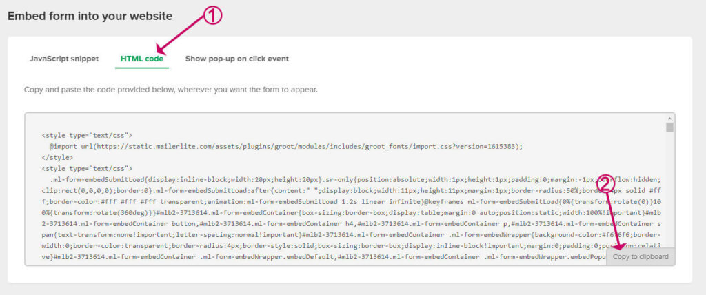 grab the mailerlite embed code